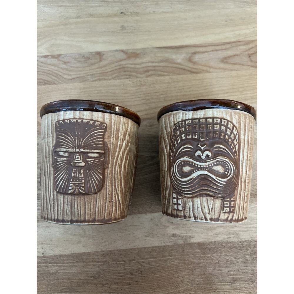 Set Of 2 Vintage Otagiri 3 Faced Tiki Mugs Rum Buckets Cups Stoneware 18 oz